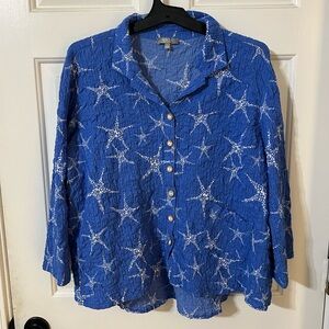 Habitat Women’s L Blue Blouse White Starfish Beach Sailing Coastal Button Down